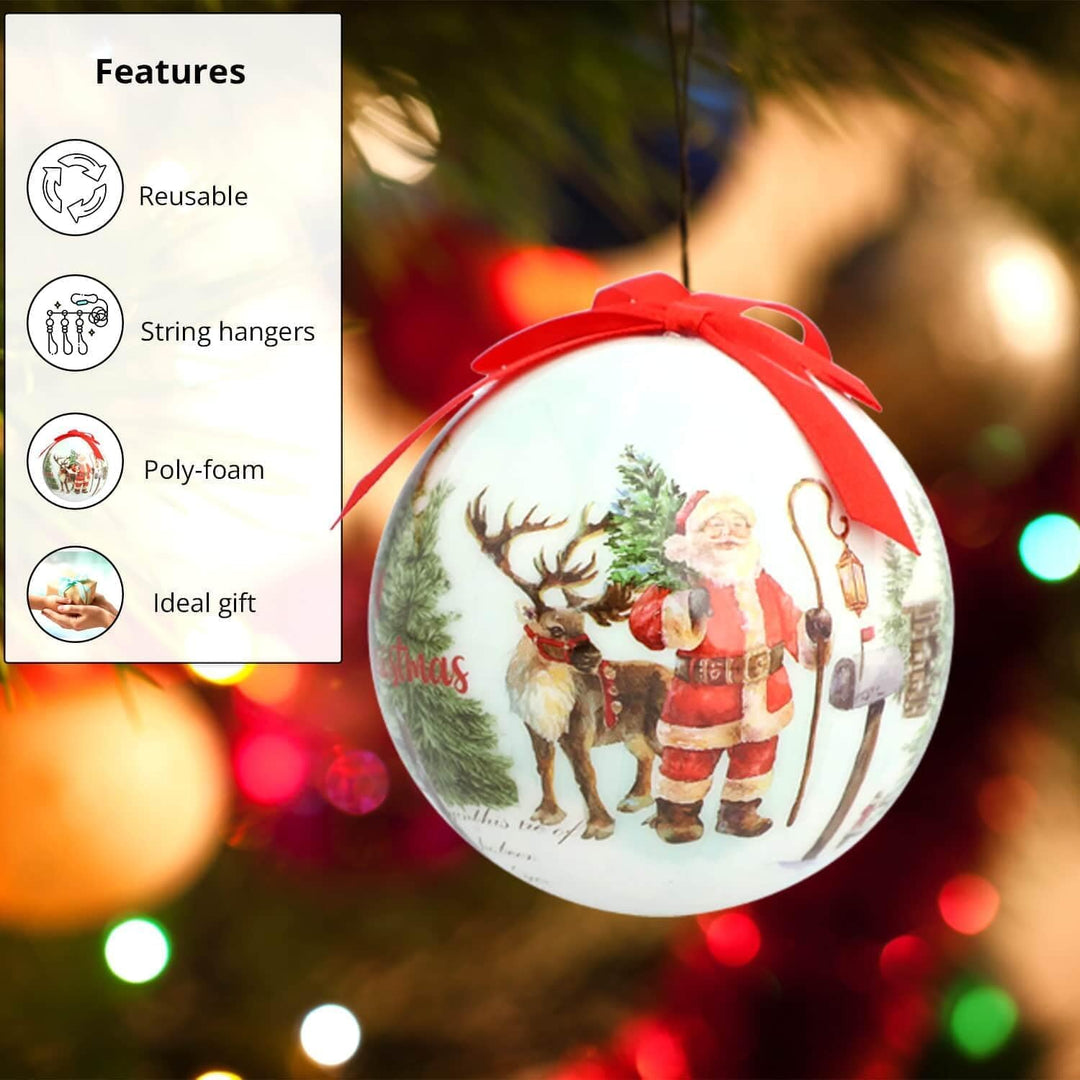 Holiday Christmas Tree Ornaments – 14 Pcs Hanging Balls & Gift Box Set (White-Santa)