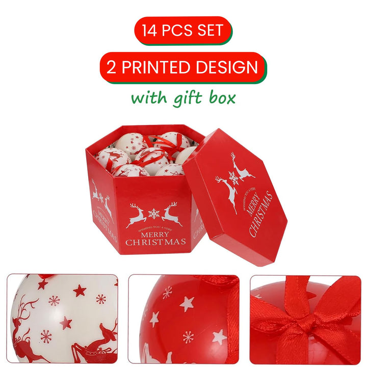 14Pcs Christmas Tree Ornaments Set with Gift Box – Red & White Hanging Balls Decor