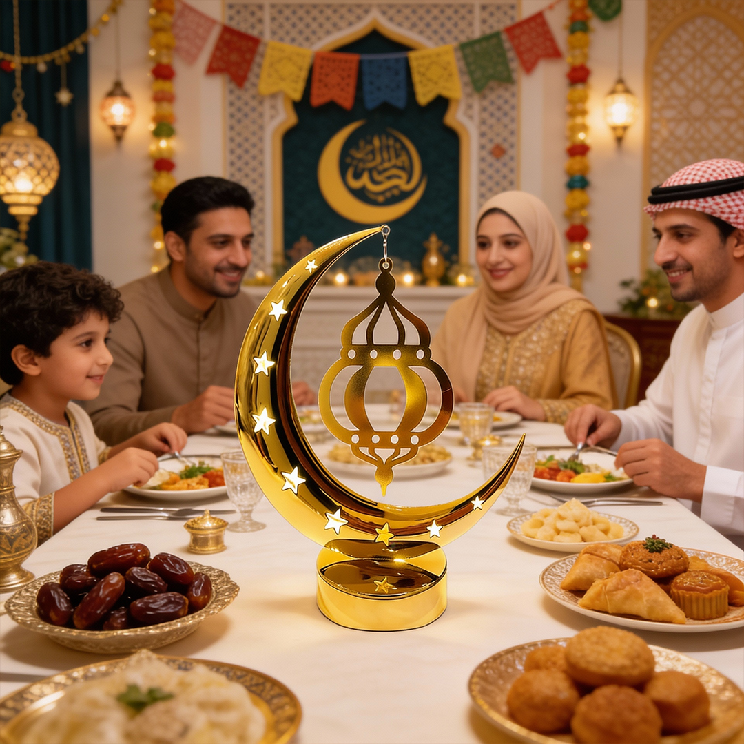 MOONCEE Gold Crescent Moon Lamp with Hanging Lantern – Ramadan Eid Decorative Light