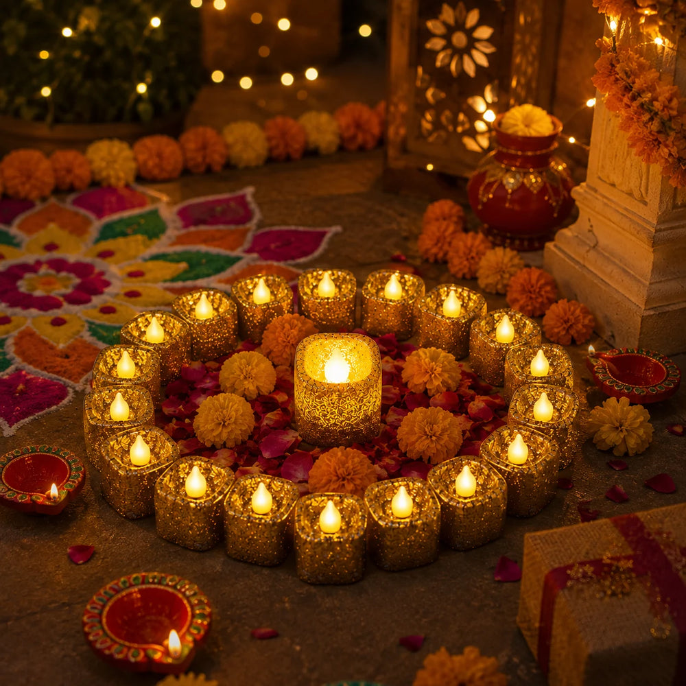 Set of warm glowing LED tealight candles for home decoration