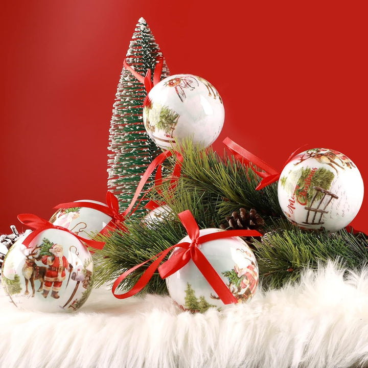 Holiday Christmas Tree Ornaments – 14 Pcs Hanging Balls & Gift Box Set (White-Santa)