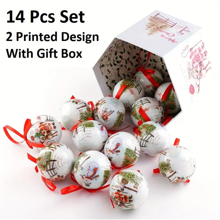 Holiday Christmas Tree Ornaments – 14 Pcs Hanging Balls & Gift Box Set (White-Santa)