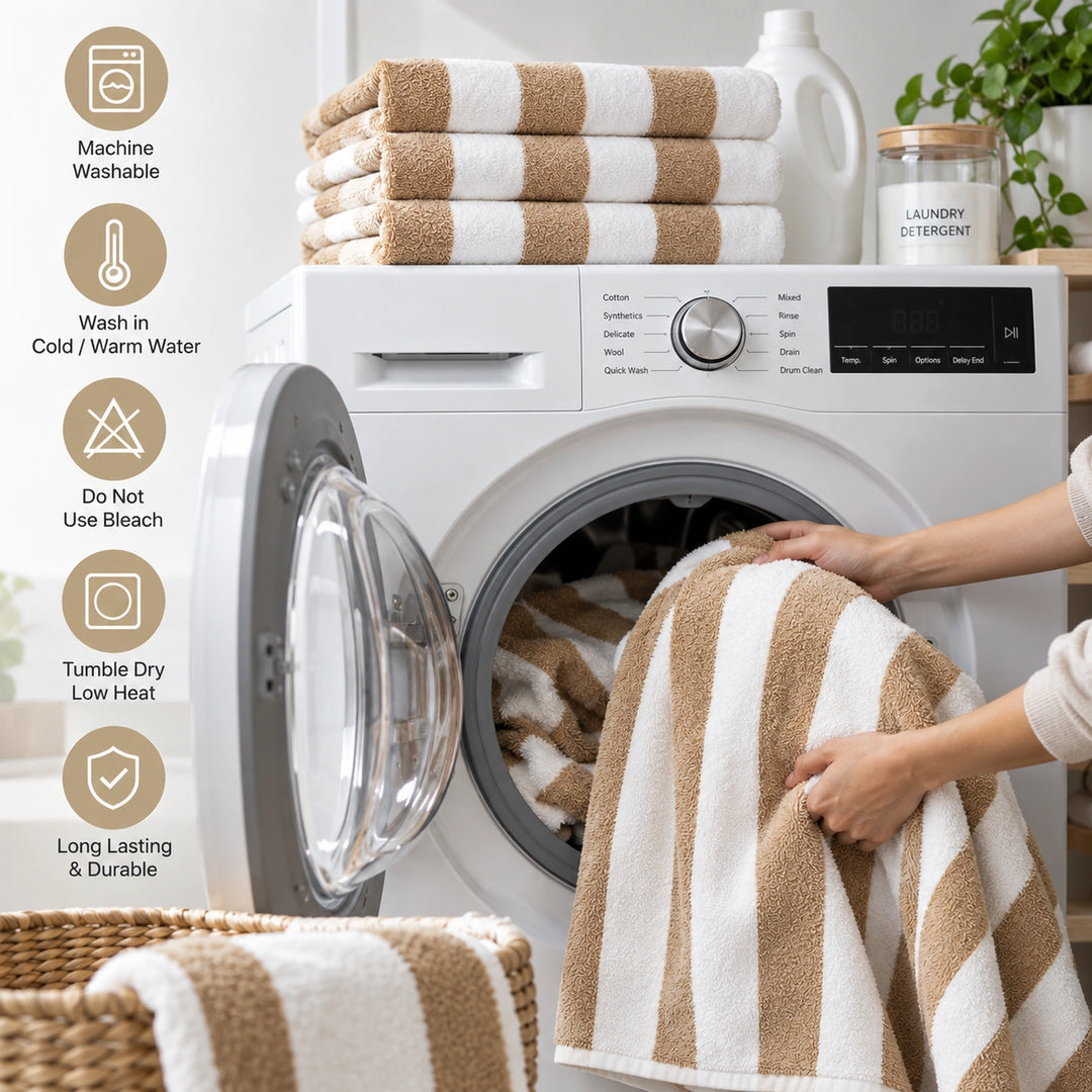Absorbent beige striped bathroom towels