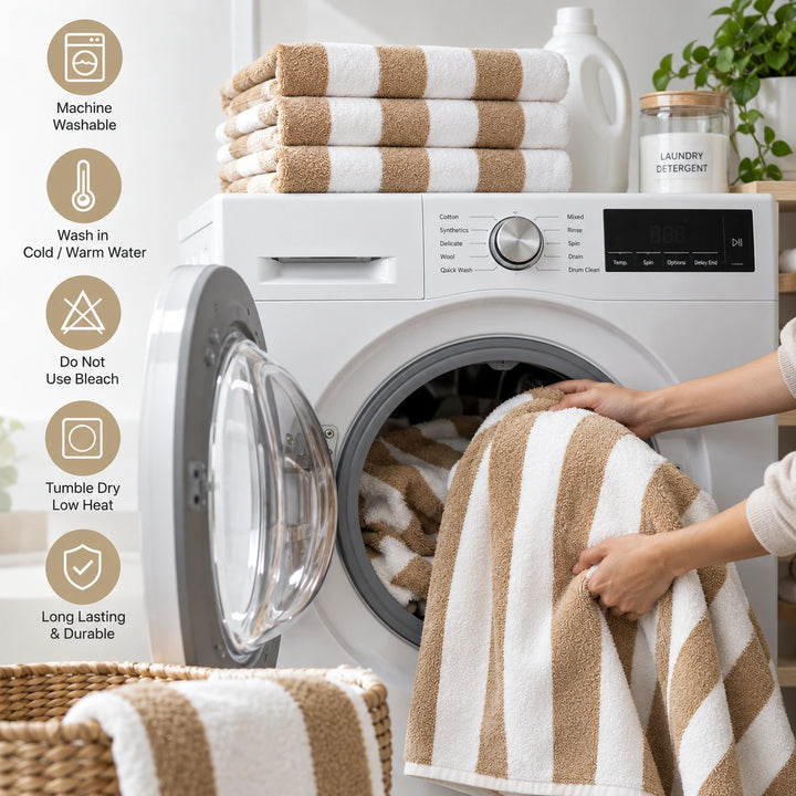 Absorbent beige striped bathroom towels