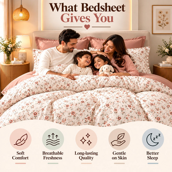 Cream botanical bedding set with matching pillow covers and pink accents