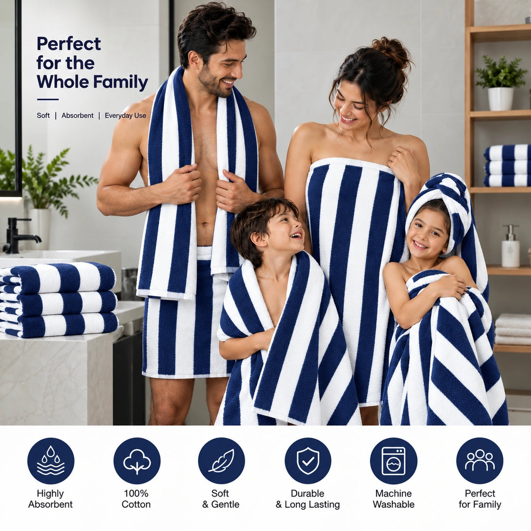 Absorbent navy blue striped bathroom towels
