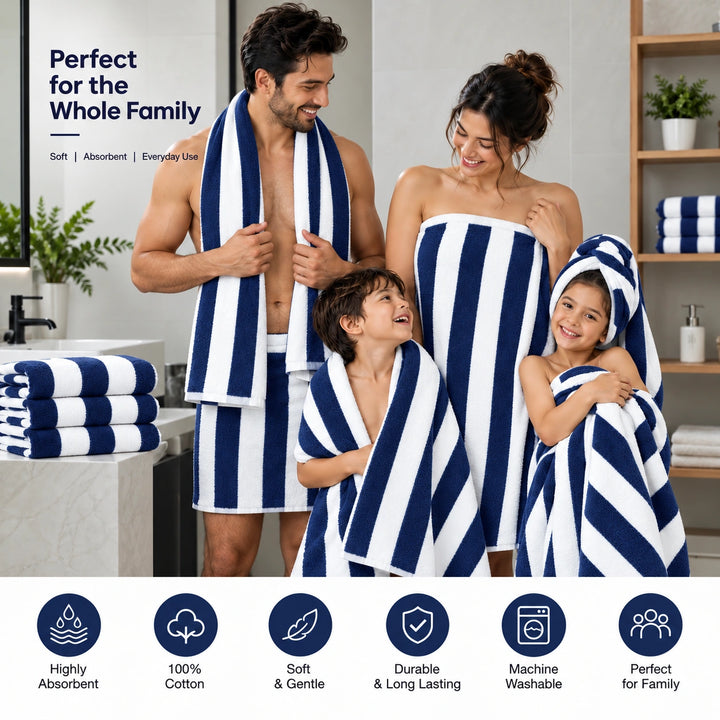 Absorbent navy blue striped bathroom towels