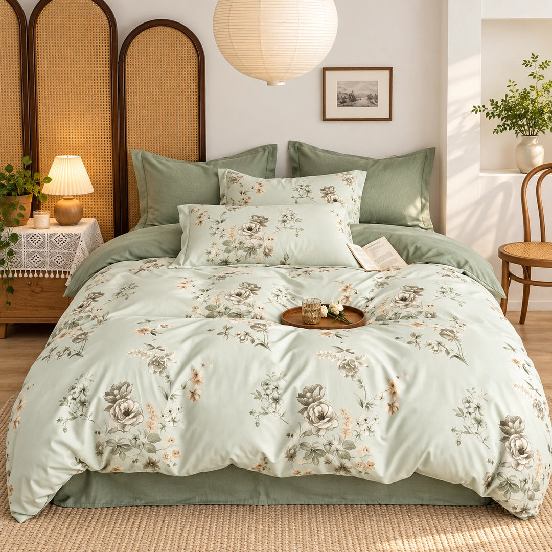 Sage green floral duvet cover set with delicate beige rose patterns