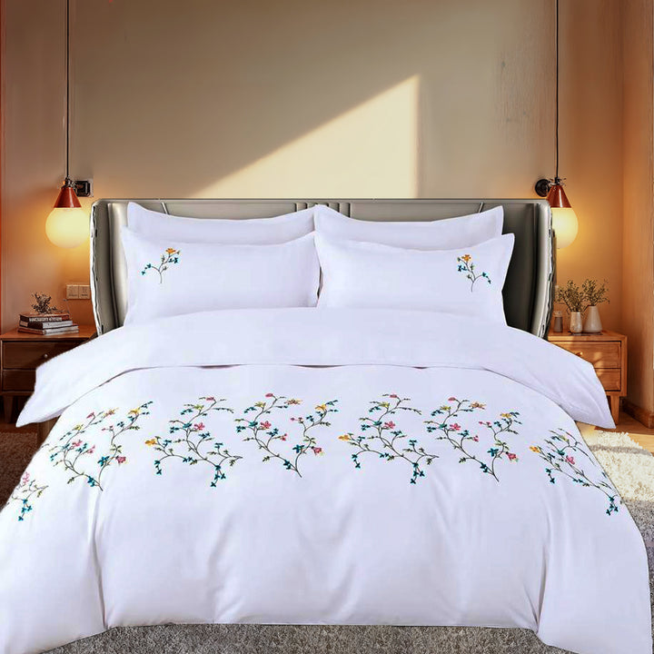 Embroidered 6 PCs King Bed Sheets Set Cotton With Fitted Sheet Duvet Cover 220x240, Pillow Covers (6ES8)