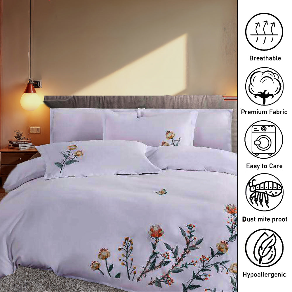 6 PCs Embroidered King Bed Sheet Set With Fitted Sheet Duvet Cover 220x240, 4 Pillow Covers, Cotton (6ES2)