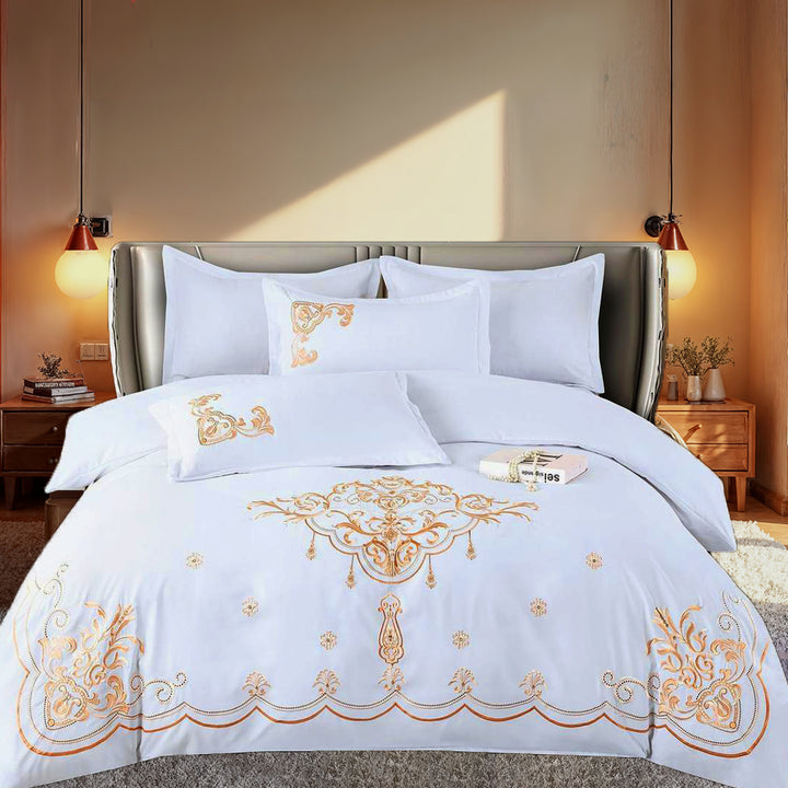 Embroidered 6 PCs King Fitted Bed Sheet Set, Duvet Cover 220x240, 4 Pillow Covers, Cotton (6ES1)