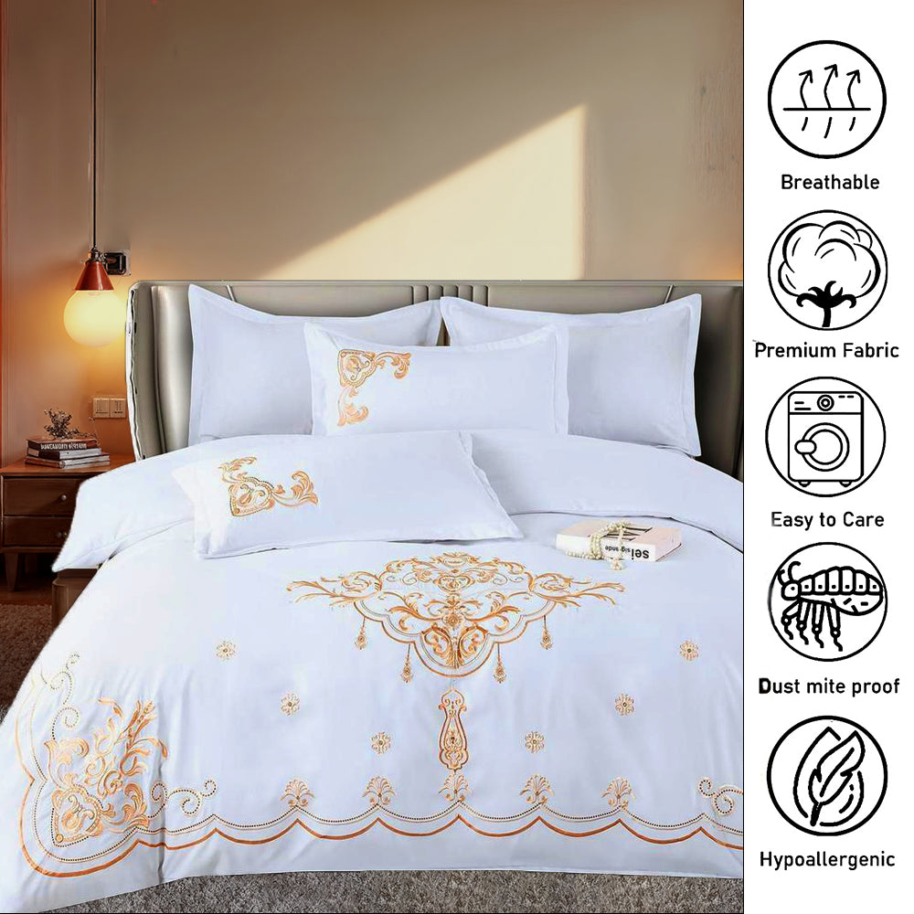 Embroidered 6 PCs King Fitted Bed Sheet Set, Duvet Cover 220x240, 4 Pillow Covers, Cotton (6ES1)