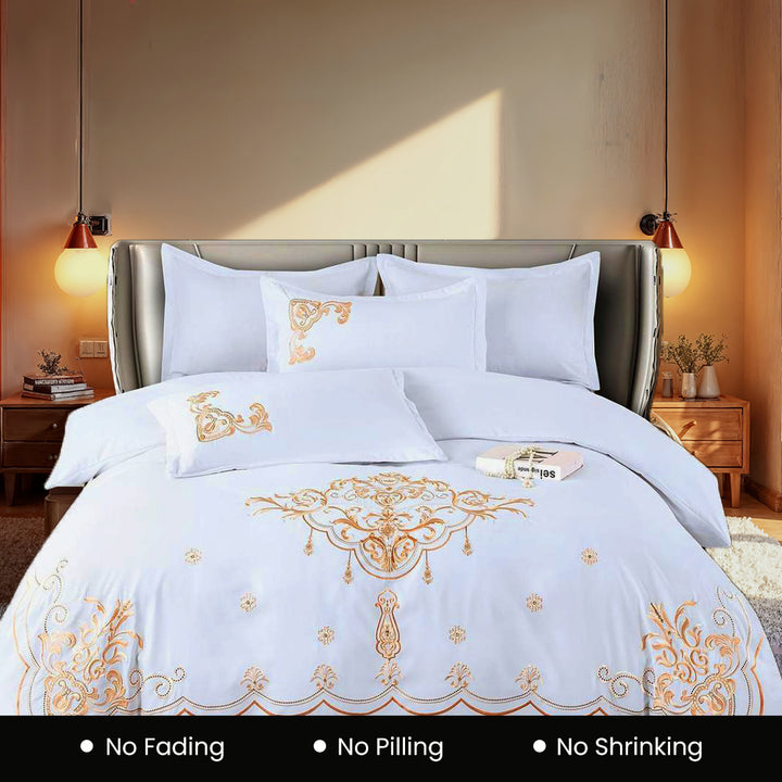 Embroidered 6 PCs King Fitted Bed Sheet Set, Duvet Cover 220x240, 4 Pillow Covers, Cotton (6ES1)