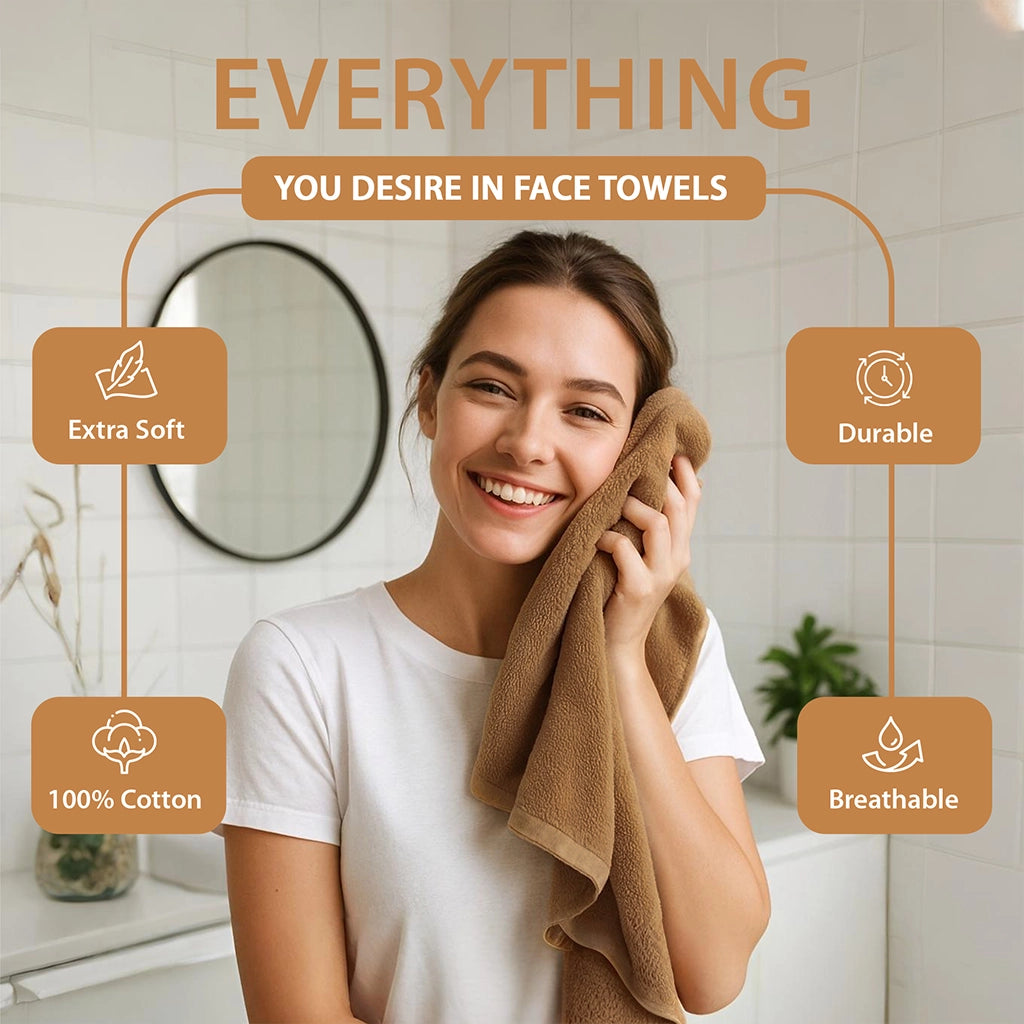 Soft 12 Pack Face Towels Set – Highly Absorbent Cotton Bath Towels (Camel)