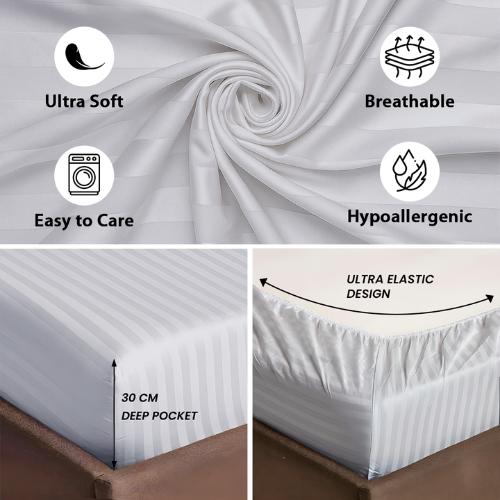 White bed sheet set with features highlighted on a white background in uae
