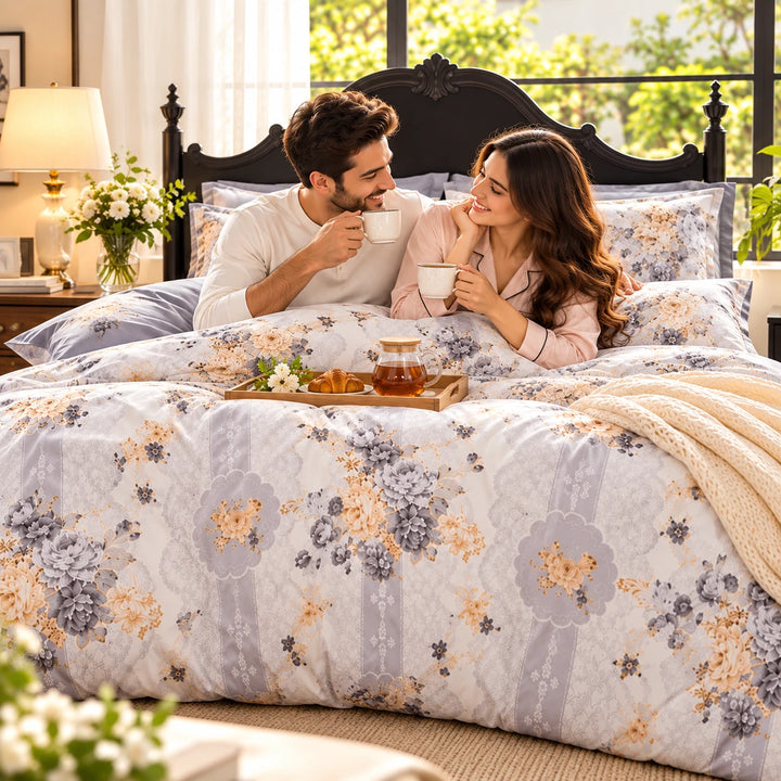Cream and grey botanical bedding set with golden floral details