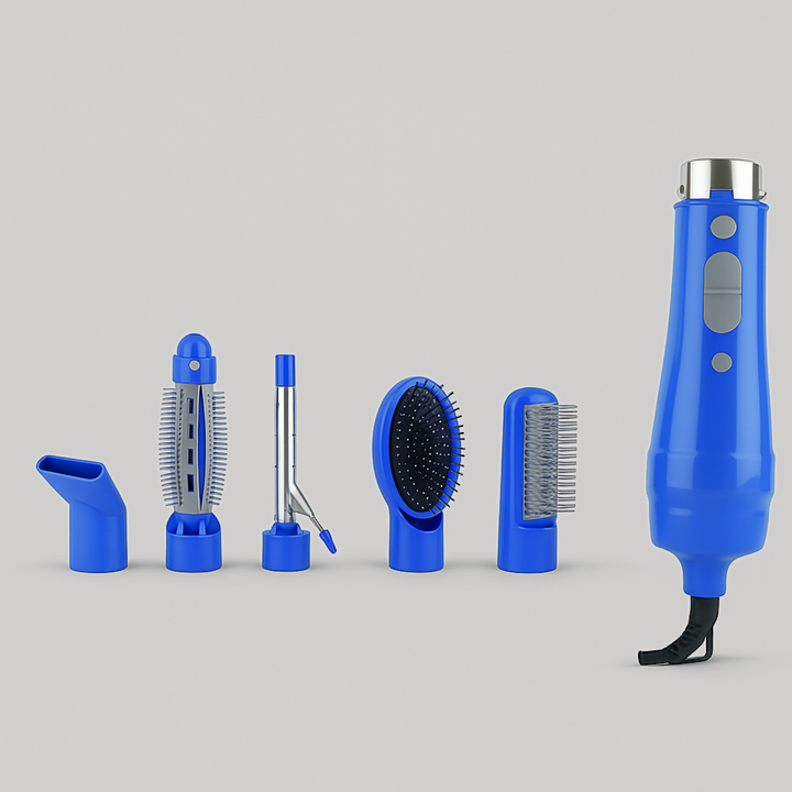 Geepas Blue 6-in-1 Multifunction Hair Styler Set – Blow Dryer, Curler, Straightener & Brushes
