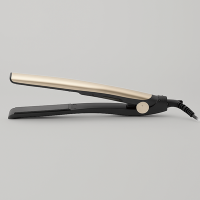 Black hair straightener with gold-toned ceramic plates shown in partially open position