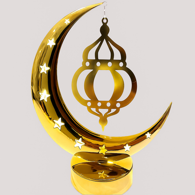 MOONCEE Gold Crescent Moon Lamp with Hanging Lantern – Ramadan Eid Decorative Light
