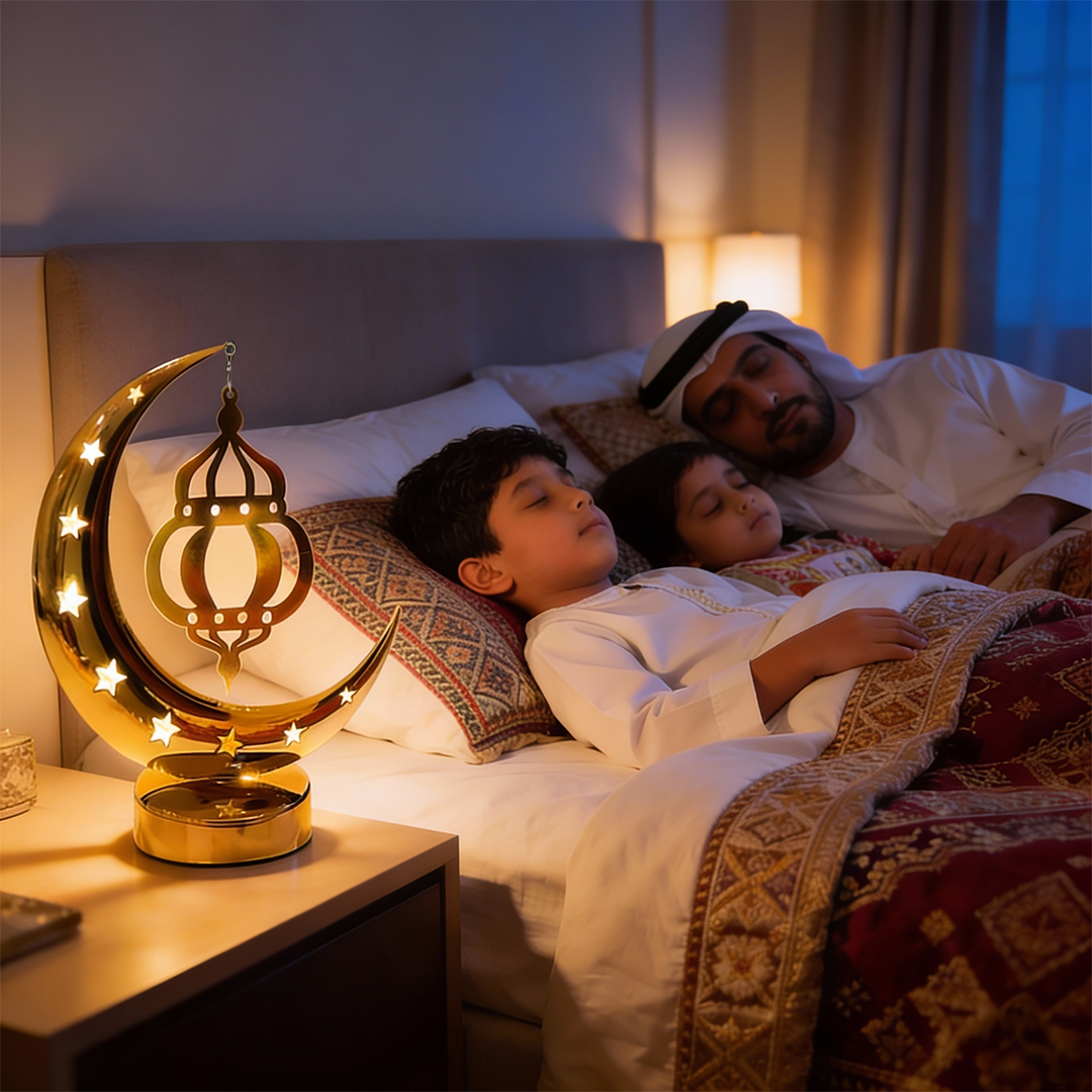 MOONCEE Gold Crescent Moon Lamp with Hanging Lantern – Ramadan Eid Decorative Light