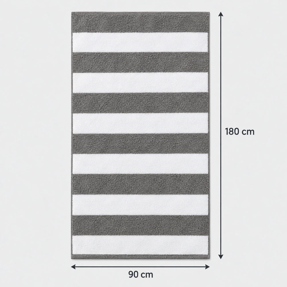 Grey and white striped beach towel showing size and dimensions