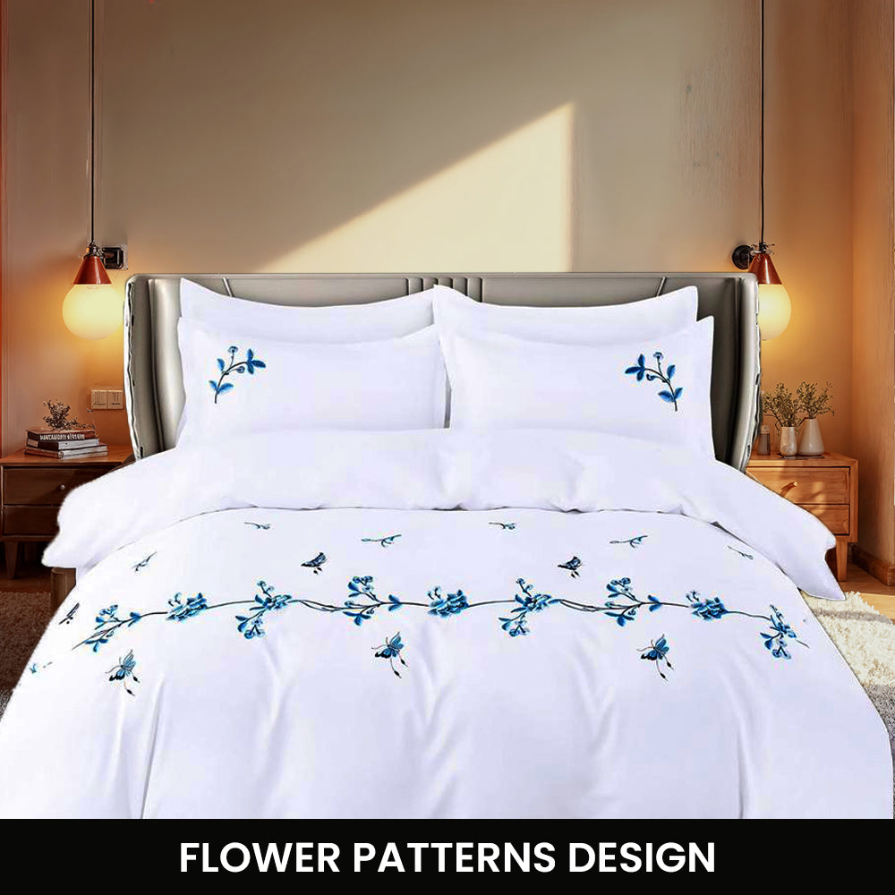 Cotton Embroidered 6 PCs King Bed Sheets Set With Fitted Sheet Duvet Cover 220x240, Pillow Covers (6ES9)