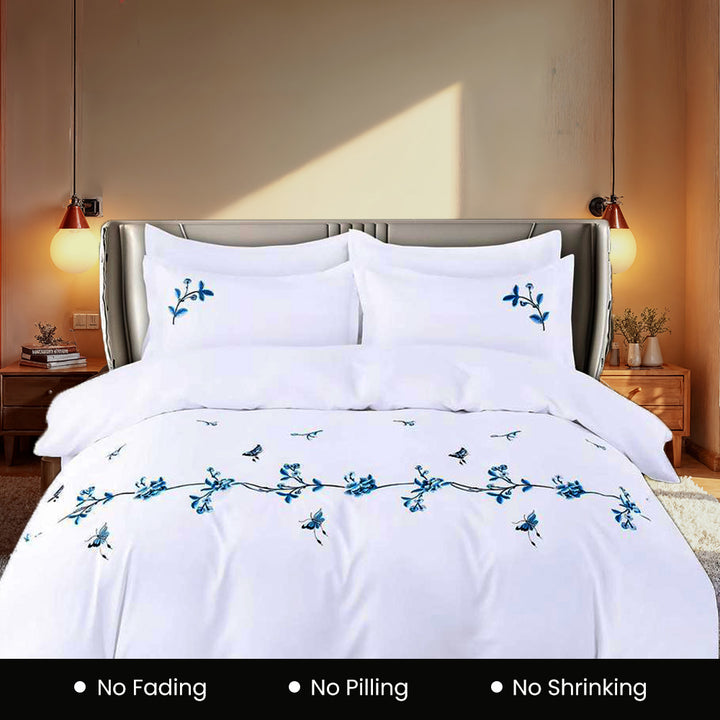 Cotton Embroidered 6 PCs King Bed Sheets Set With Fitted Sheet Duvet Cover 220x240, Pillow Covers (6ES9)