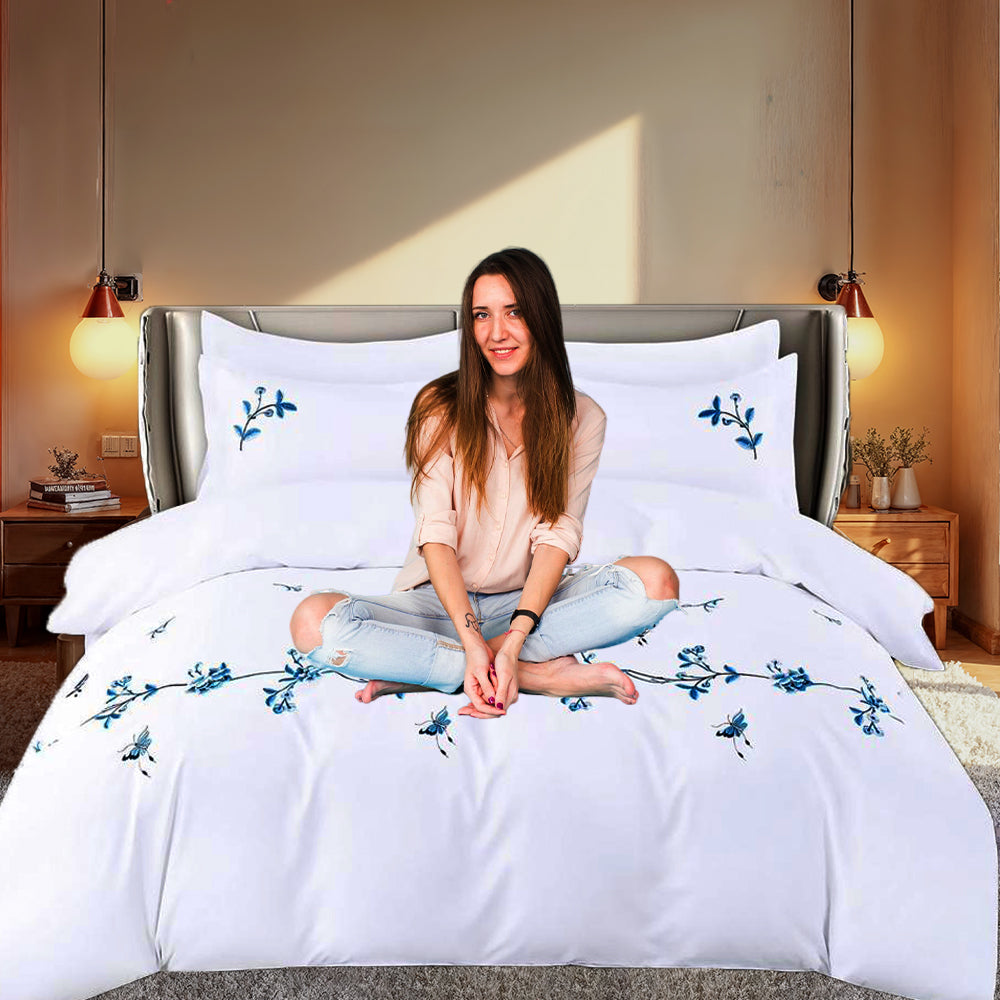Cotton Embroidered 6 PCs King Bed Sheets Set With Fitted Sheet Duvet Cover 220x240, Pillow Covers (6ES9)