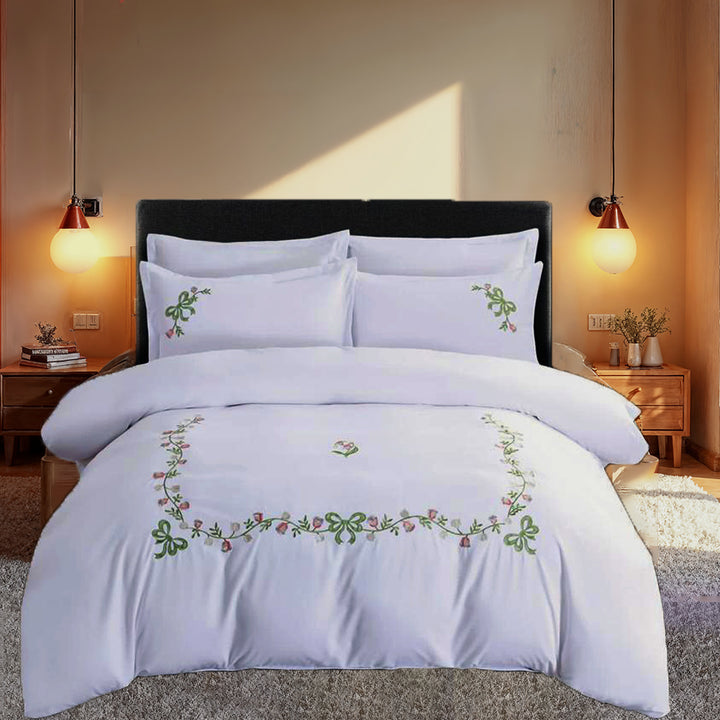 6 PCs Embroidered King Bed Sheet Set Cotton With Fitted Sheet Duvet Cover 220x240, Pillow Covers (6ES7)