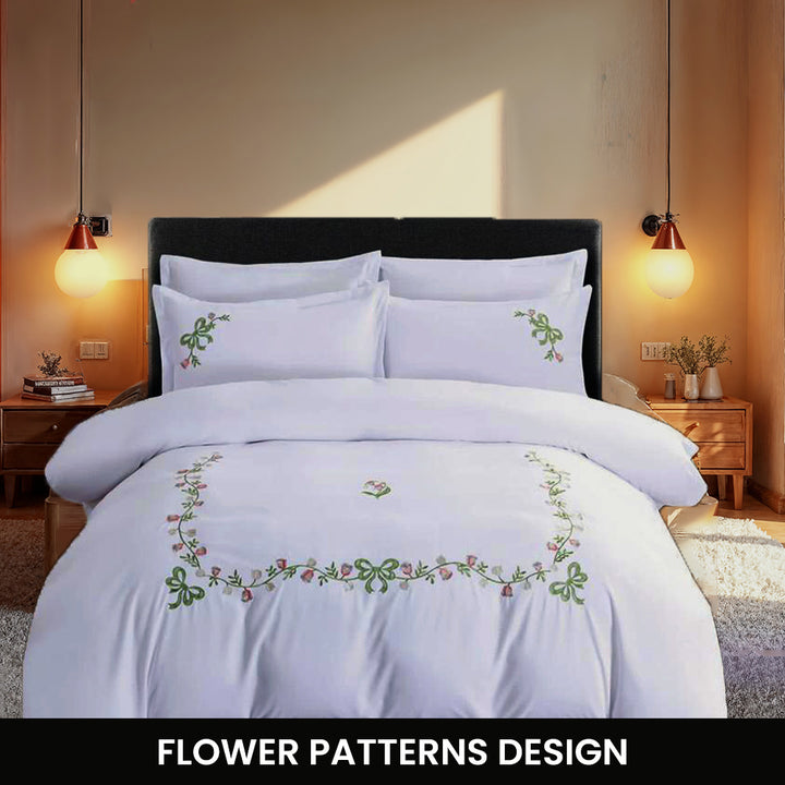 6 PCs Embroidered King Bed Sheet Set Cotton With Fitted Sheet Duvet Cover 220x240, Pillow Covers (6ES7)