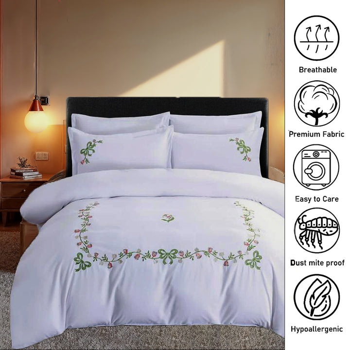 6 PCs Embroidered King Bed Sheet Set Cotton With Fitted Sheet Duvet Cover 220x240, Pillow Covers (6ES7)