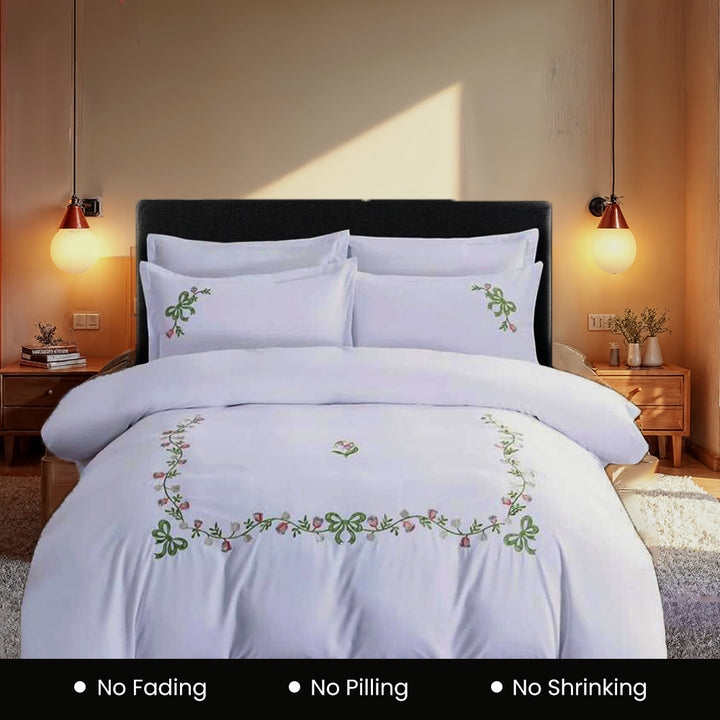 6 PCs Embroidered King Bed Sheet Set Cotton With Fitted Sheet Duvet Cover 220x240, Pillow Covers (6ES7)