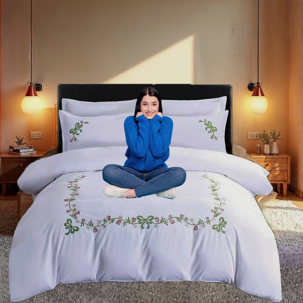 6 PCs Embroidered King Bed Sheet Set Cotton With Fitted Sheet Duvet Cover 220x240, Pillow Covers (6ES7)