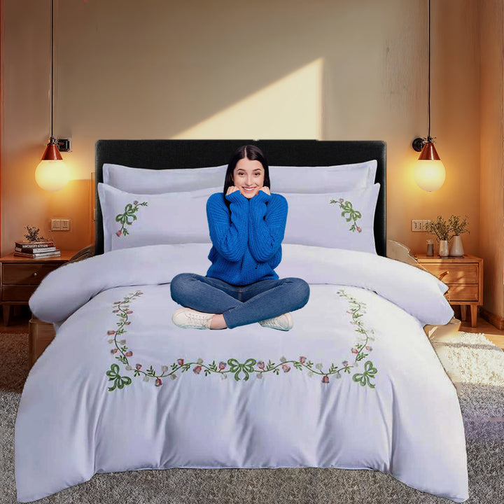 6 PCs Embroidered King Bed Sheet Set Cotton With Fitted Sheet Duvet Cover 220x240, Pillow Covers (6ES7)