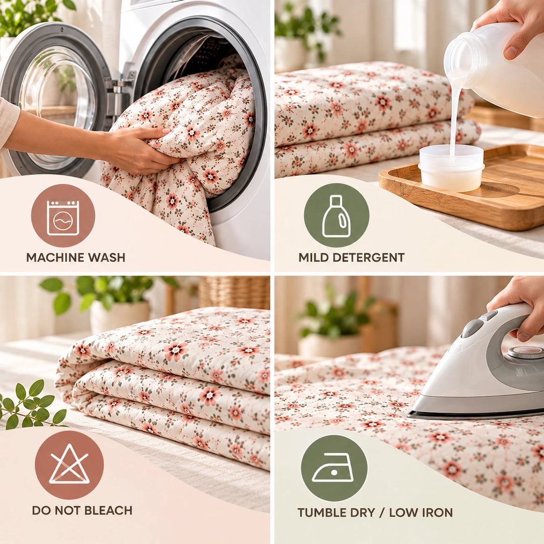 Small flower print duvet cover set with cream fabric and blush accents