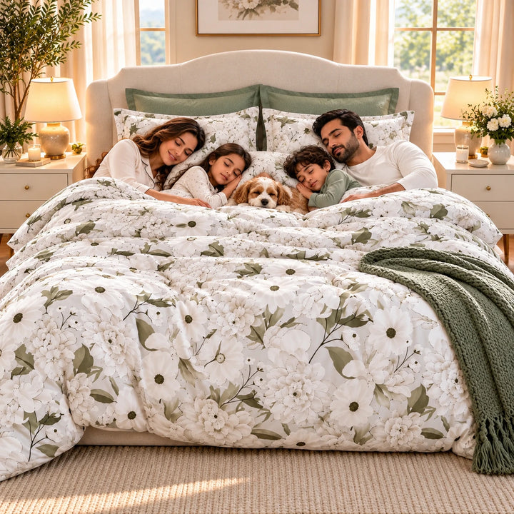 Botanical floral bedding set with white flowers and neutral tones