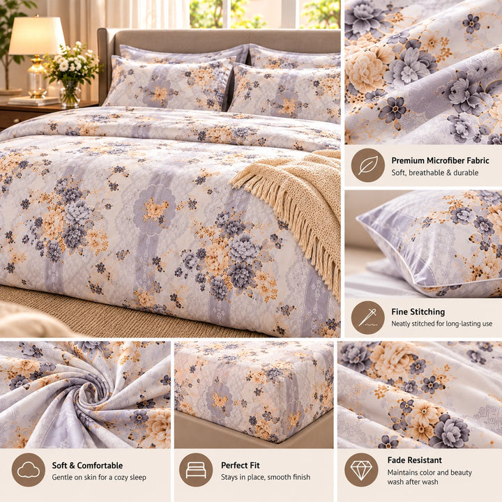 Grey and gold botanical bed linen for a stylish modern bedroom