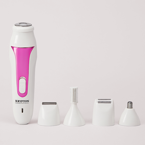 Women’s electric hair removal trimmer with multiple attachments, shown neatly arranged
