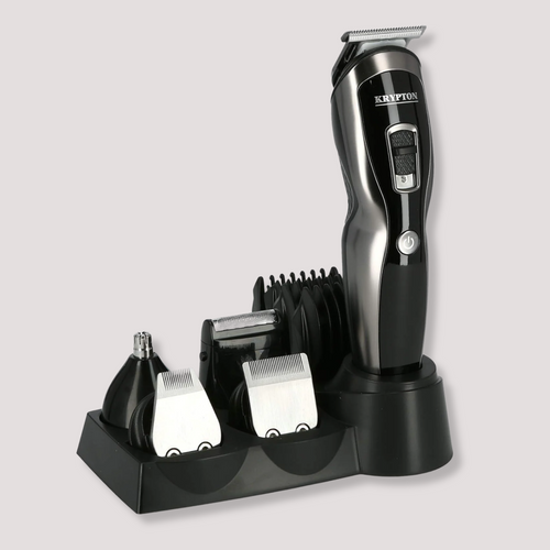 Black electric hair trimmer with multiple detachable grooming attachments