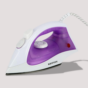 White and purple steam iron with temperature dial and corded handle
