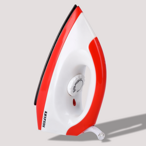 Red and white electric dry iron with pointed soleplate and temperature dial