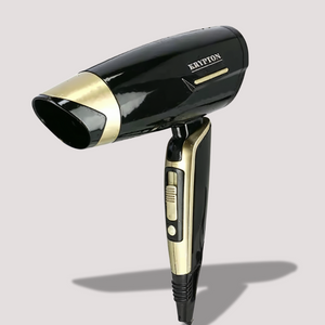 Black and gold hair dryer with concentrator nozzle and control buttons