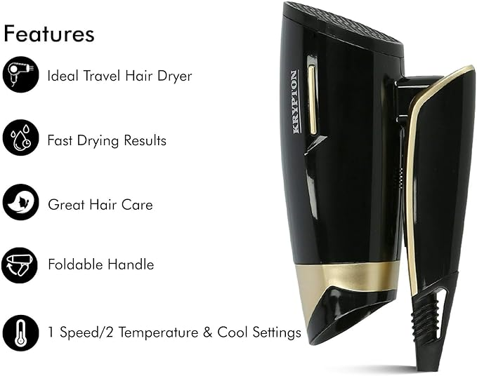 Krypton Essential Travel Hair Dryer With Foldable Handle, 1200W - Black