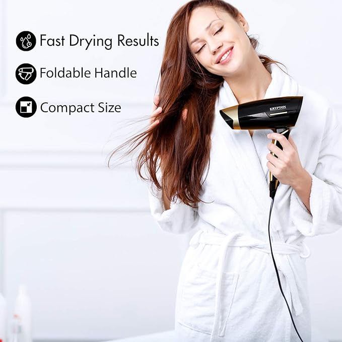 Krypton Essential Travel Hair Dryer With Foldable Handle, 1200W - Black