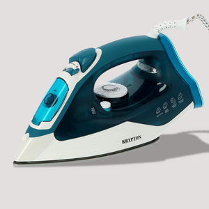 Blue and white steam iron with translucent water tank and temperature dial