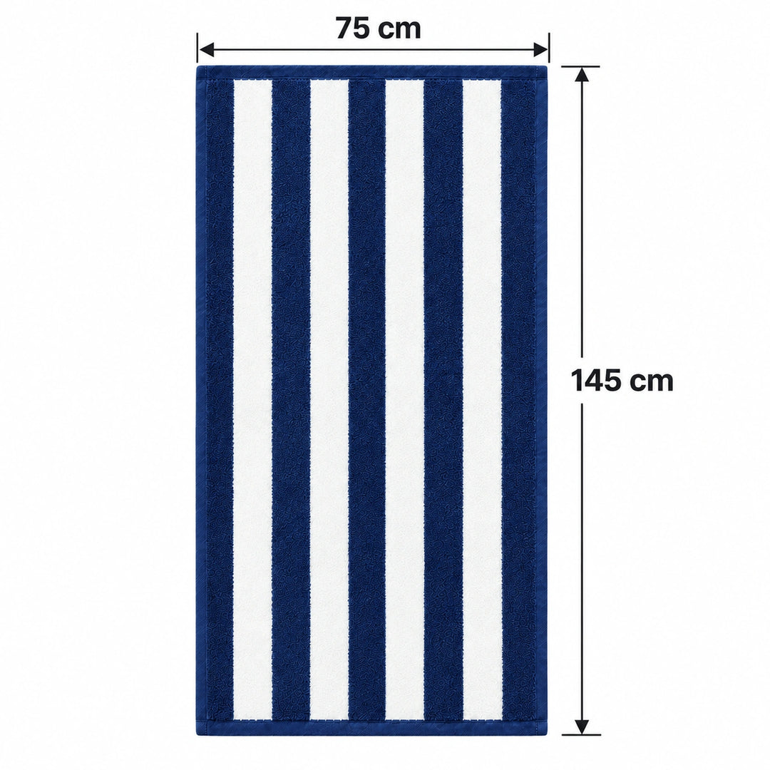 A rectangular striped towel or mat shown on a white background with dimension arrows and labels indicating 75 cm width and 145 cm height.
