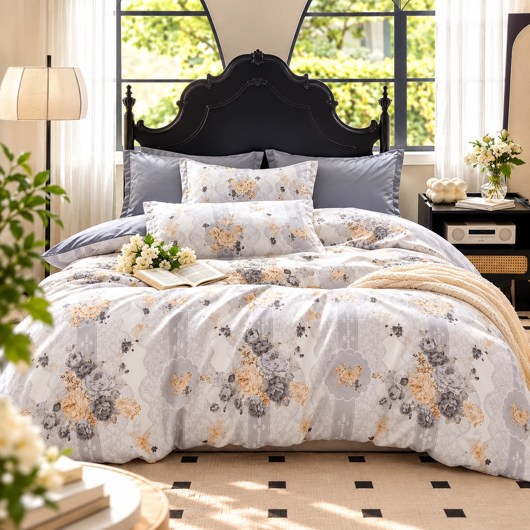 Grey and gold floral duvet cover set with elegant rose patterns