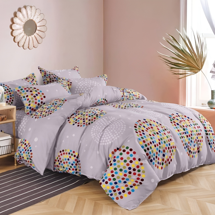 Polka dot quilt cover set in grey with multicolor circle design