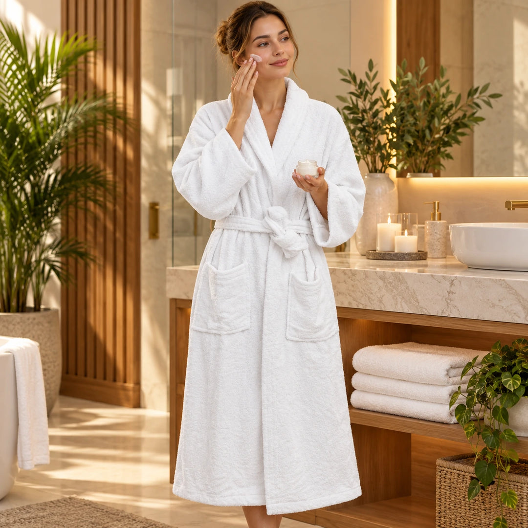 White Cotton Bathrobe with Shawl Collar, Soft Spa Robe for Men &amp; Women at Home