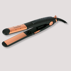 Black and rose gold hair straightener with ceramic plates, shown open and ready for smooth daily styling
